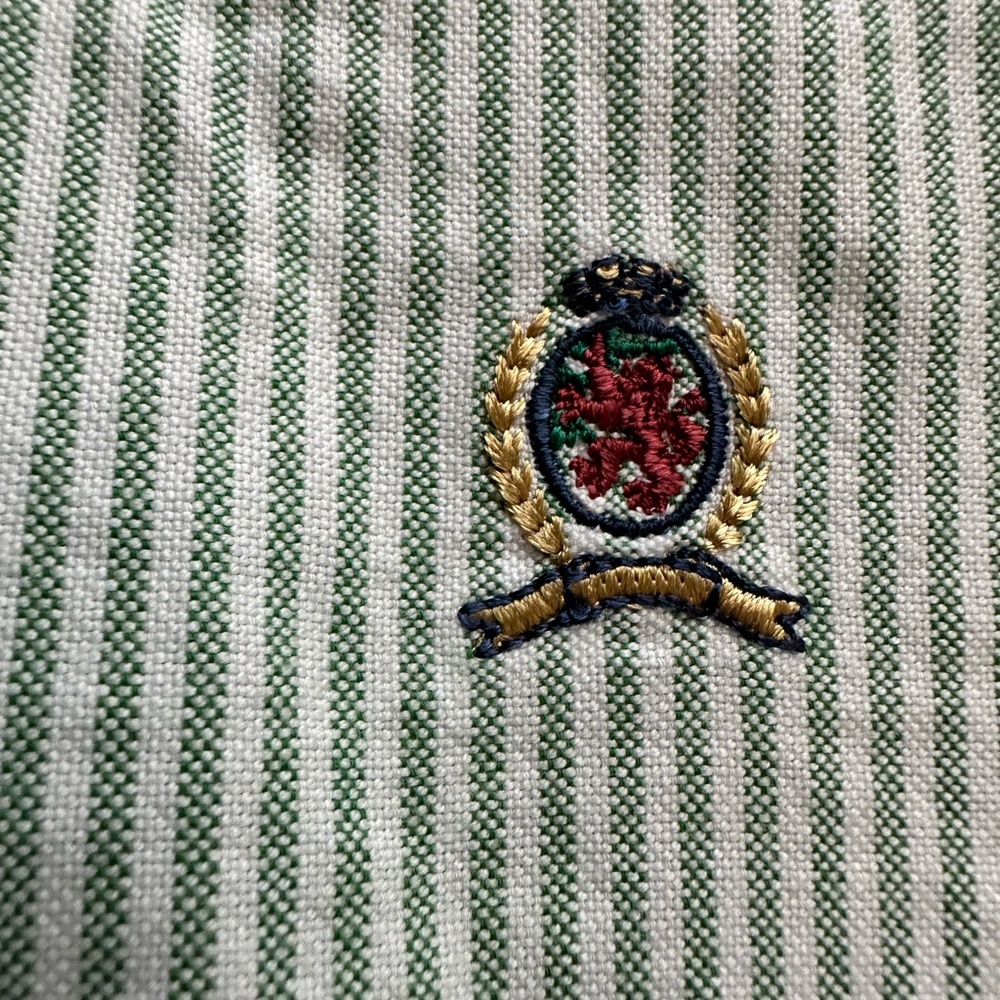 Tommy Hilfiger Oxford Green Striped Shirt Original Crest Logo Men's MEDIUM - Picture 3 of 10